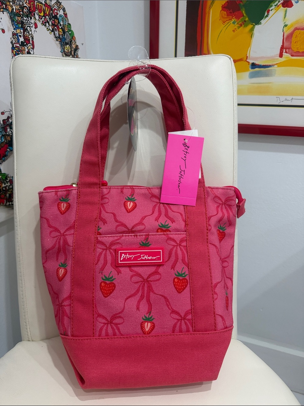 Betsey Johnson Pink Strawberry Print Canvas Insulated Lunch Tote Bag